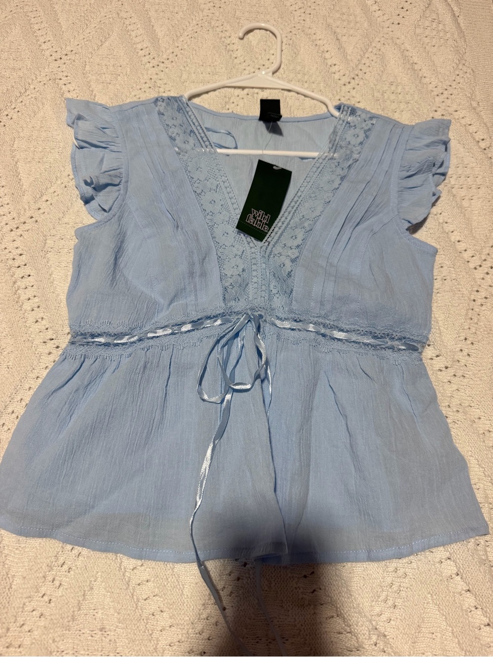 wild fable Light Blue Lace-Detail Flutter Sleeve Top